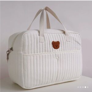 White Quilted Diaper Bag with Bear Patch